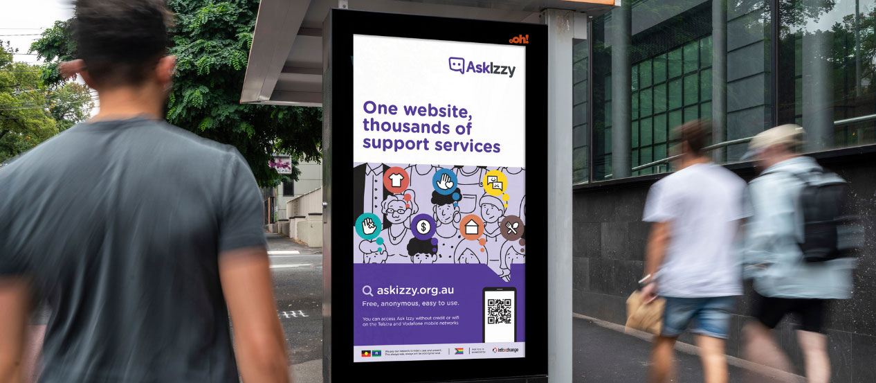 Photo of a bus stop with an Ask Izzy advert displayed