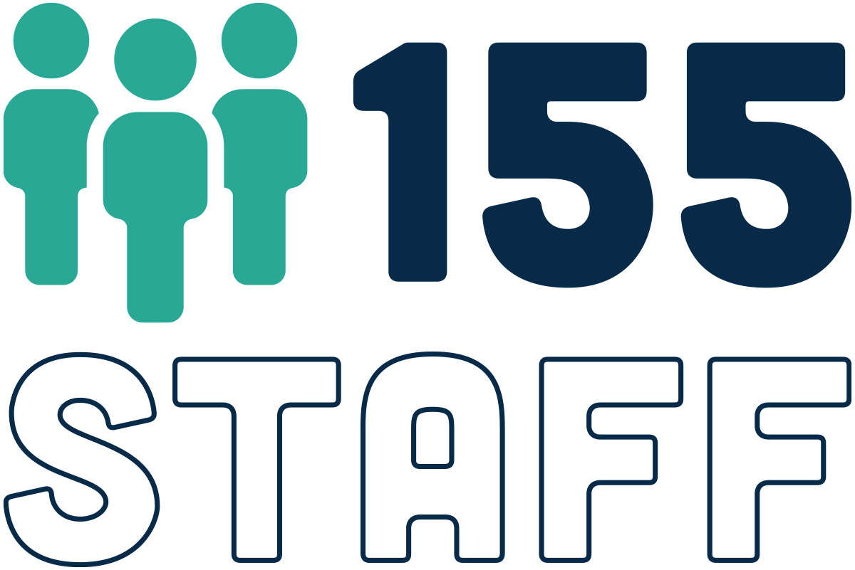 Large statistic: "155 staff" next to illustration of 3 people